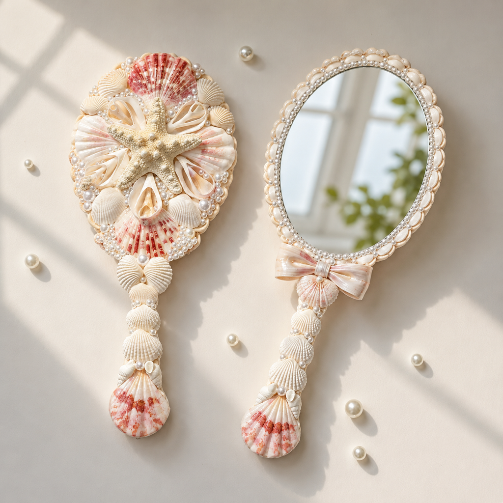 Handmade Seashell Hand Mirror – Coastal Beach Decor Gift for Her