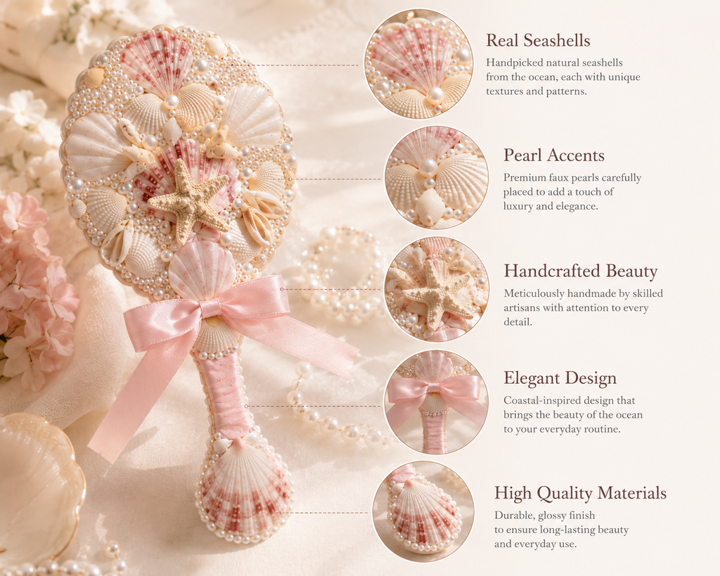 Handmade Seashell Hand Mirror – Coastal Beach Decor Gift for Her