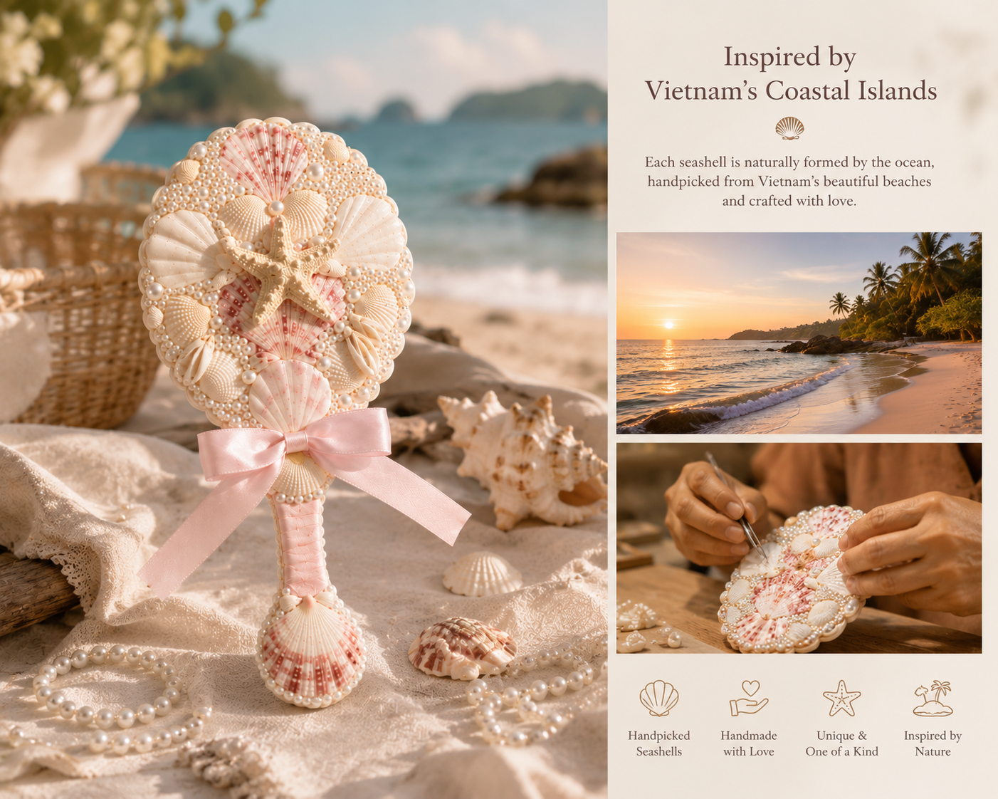 Handmade Seashell Hand Mirror – Coastal Beach Decor Gift for Her