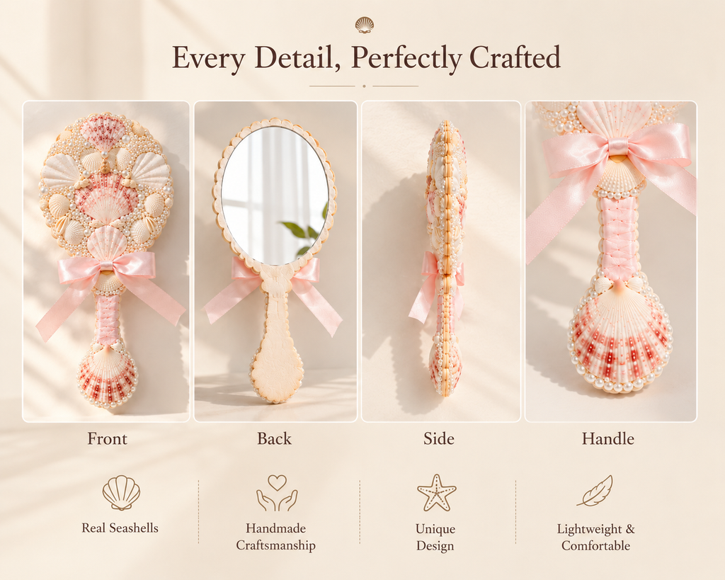 Handmade Seashell Hand Mirror – Coastal Beach Decor Gift for Her