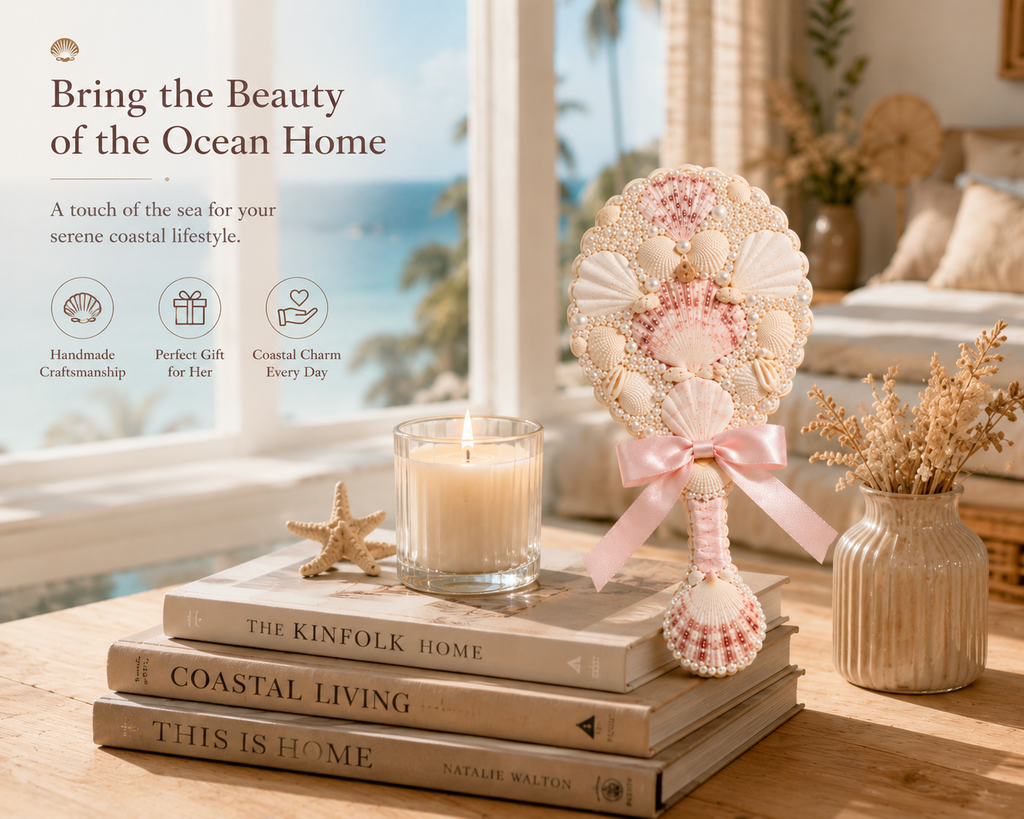 Handmade Seashell Hand Mirror – Coastal Beach Decor Gift for Her