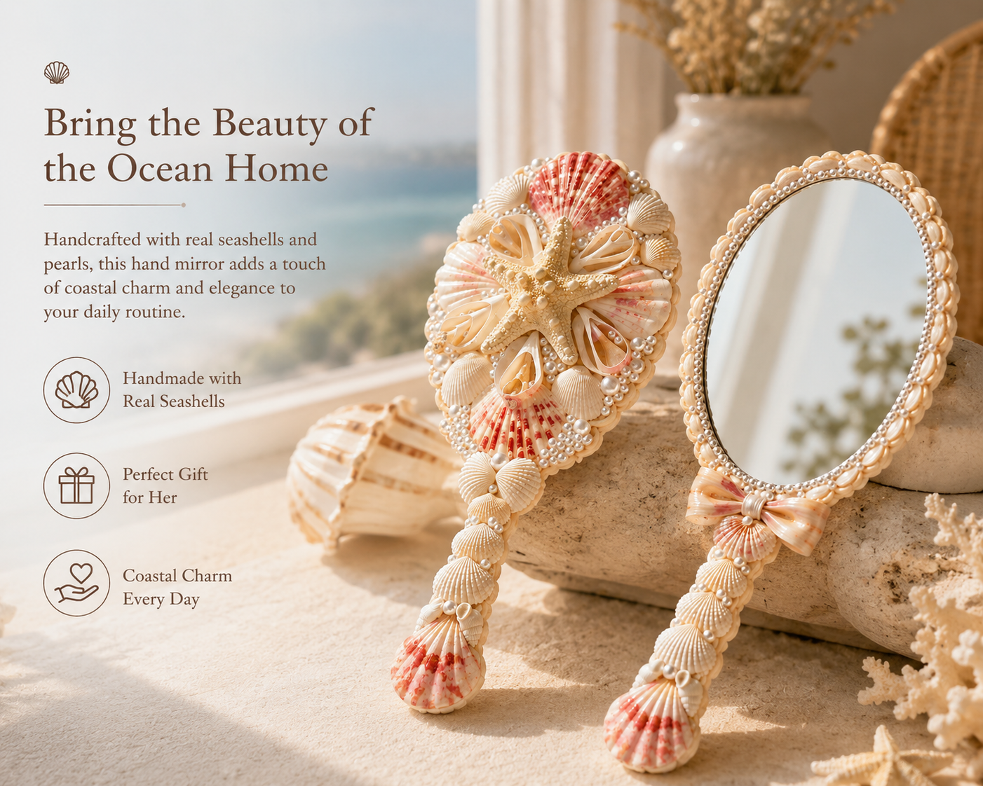 Handmade Seashell Hand Mirror – Coastal Beach Decor Gift for Her