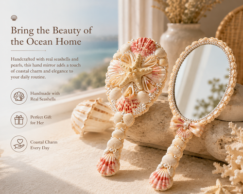 Handmade Seashell Hand Mirror – Coastal Beach Decor Gift for Her