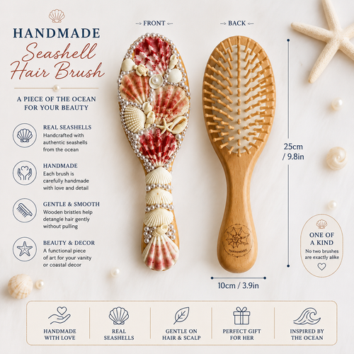 Handmade Seashell Hair Brush – Coastal Beach Gift for Her