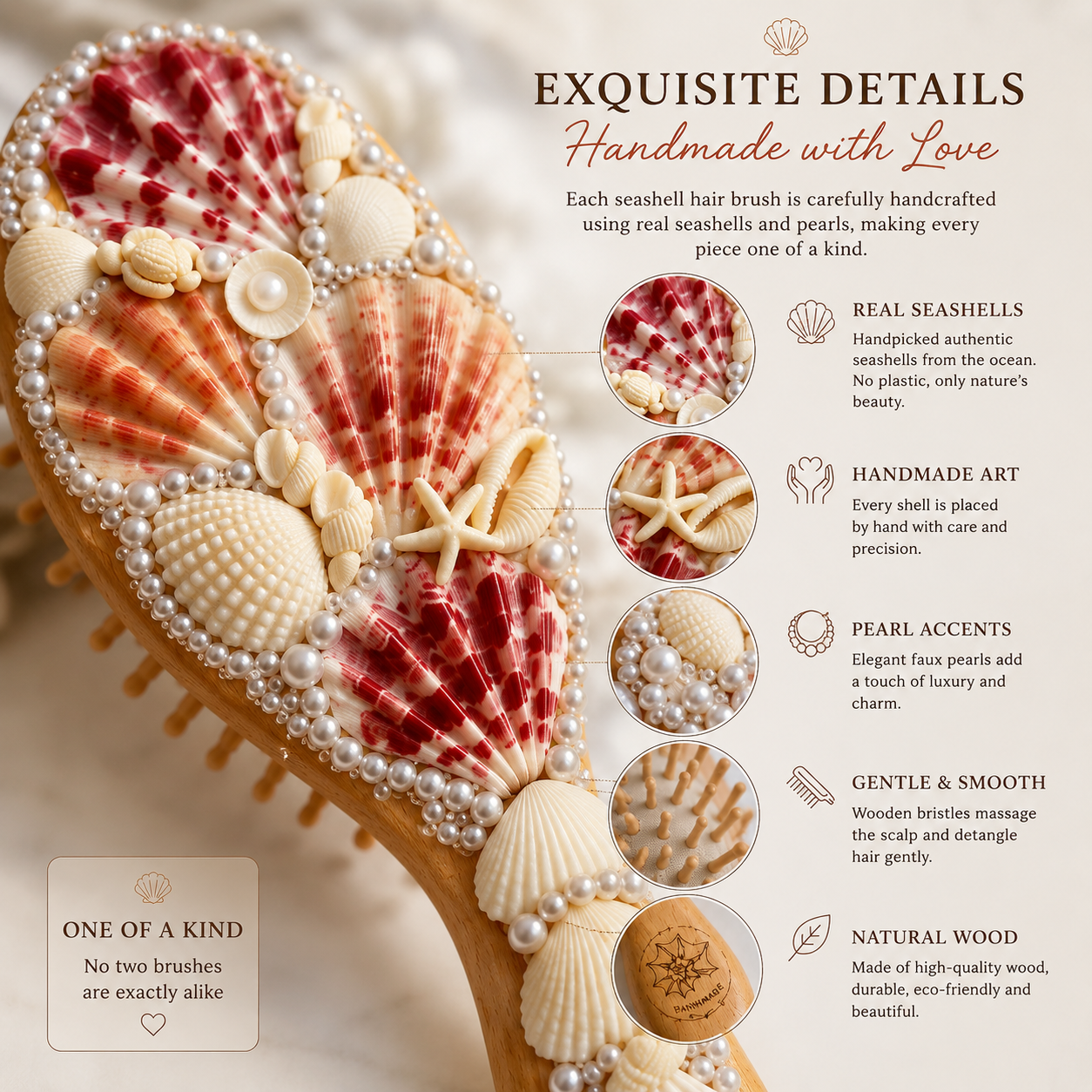 Handmade Seashell Hair Brush – Coastal Beach Gift for Her
