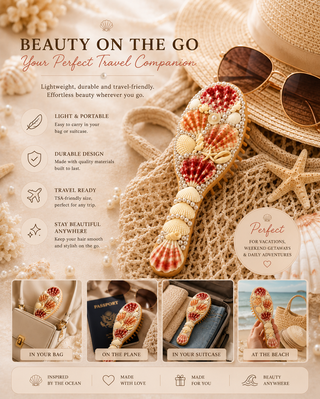 Handmade Seashell Hair Brush – Coastal Beach Gift for Her