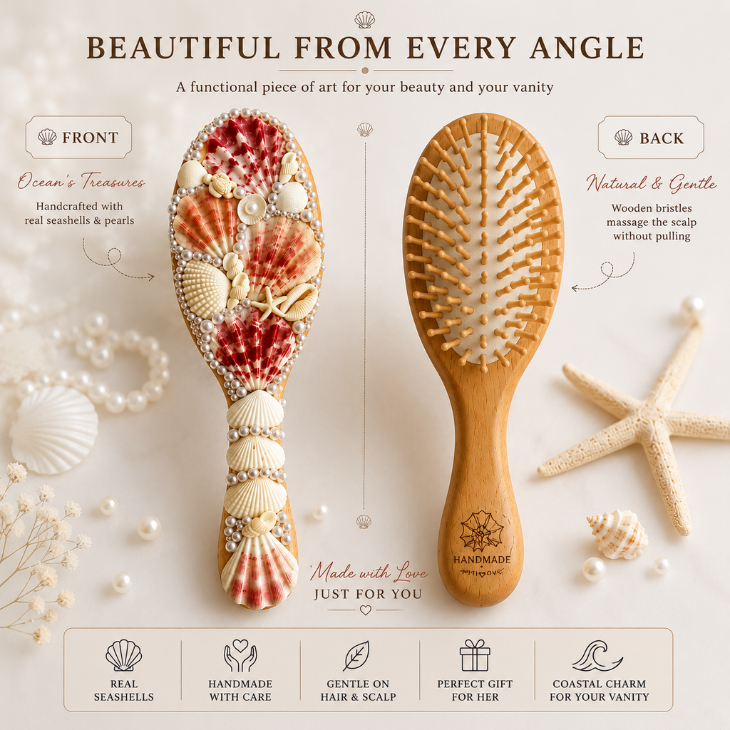 Handmade Seashell Hair Brush – Coastal Beach Gift for Her