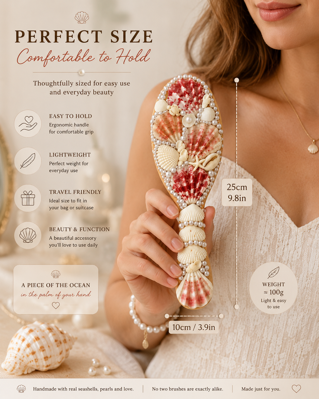 Handmade Seashell Hair Brush – Coastal Beach Gift for Her