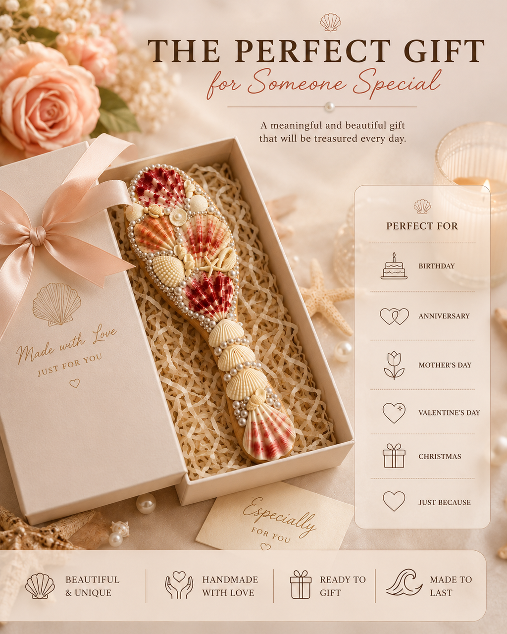Handmade Seashell Hair Brush – Coastal Beach Gift for Her