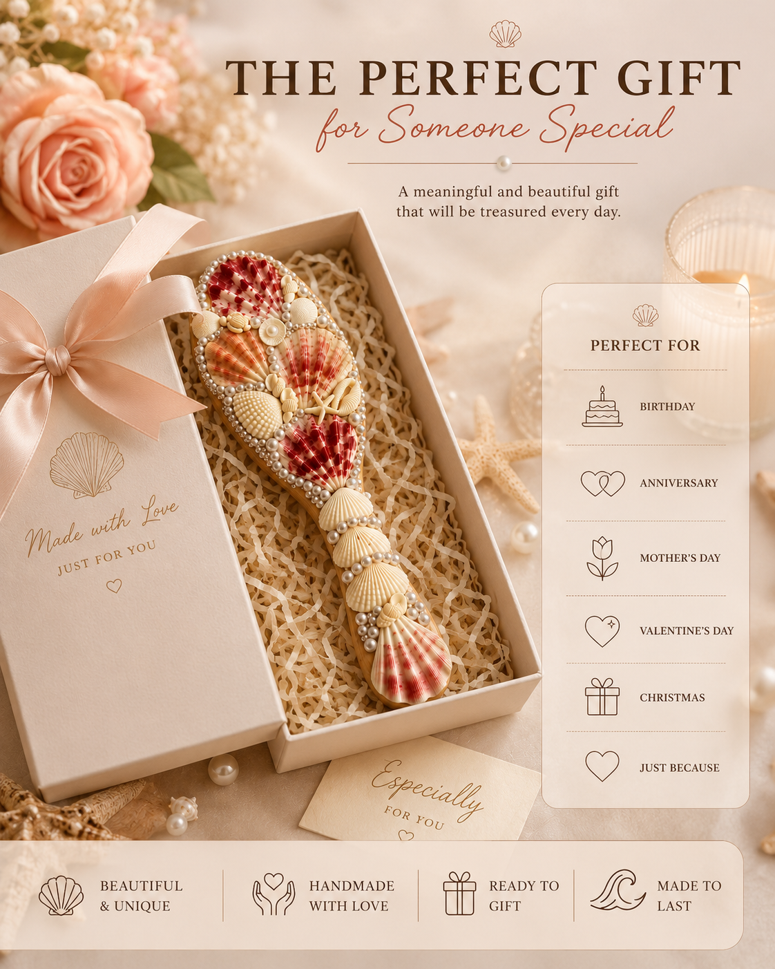 Handmade Seashell Hair Brush – Coastal Beach Gift for Her