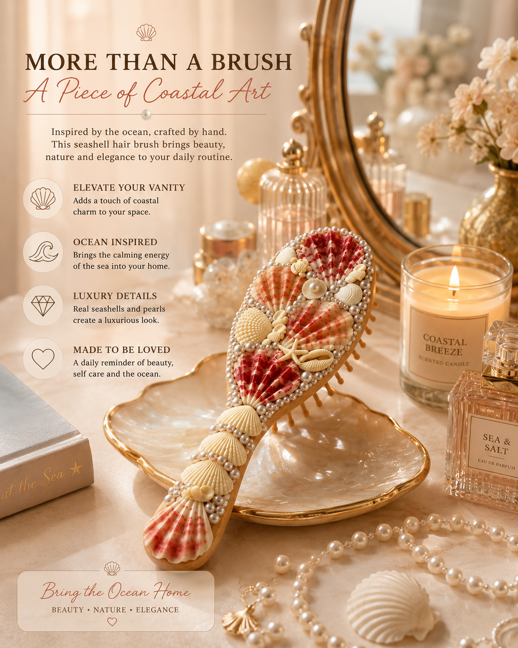 Handmade Seashell Hair Brush – Coastal Beach Gift for Her