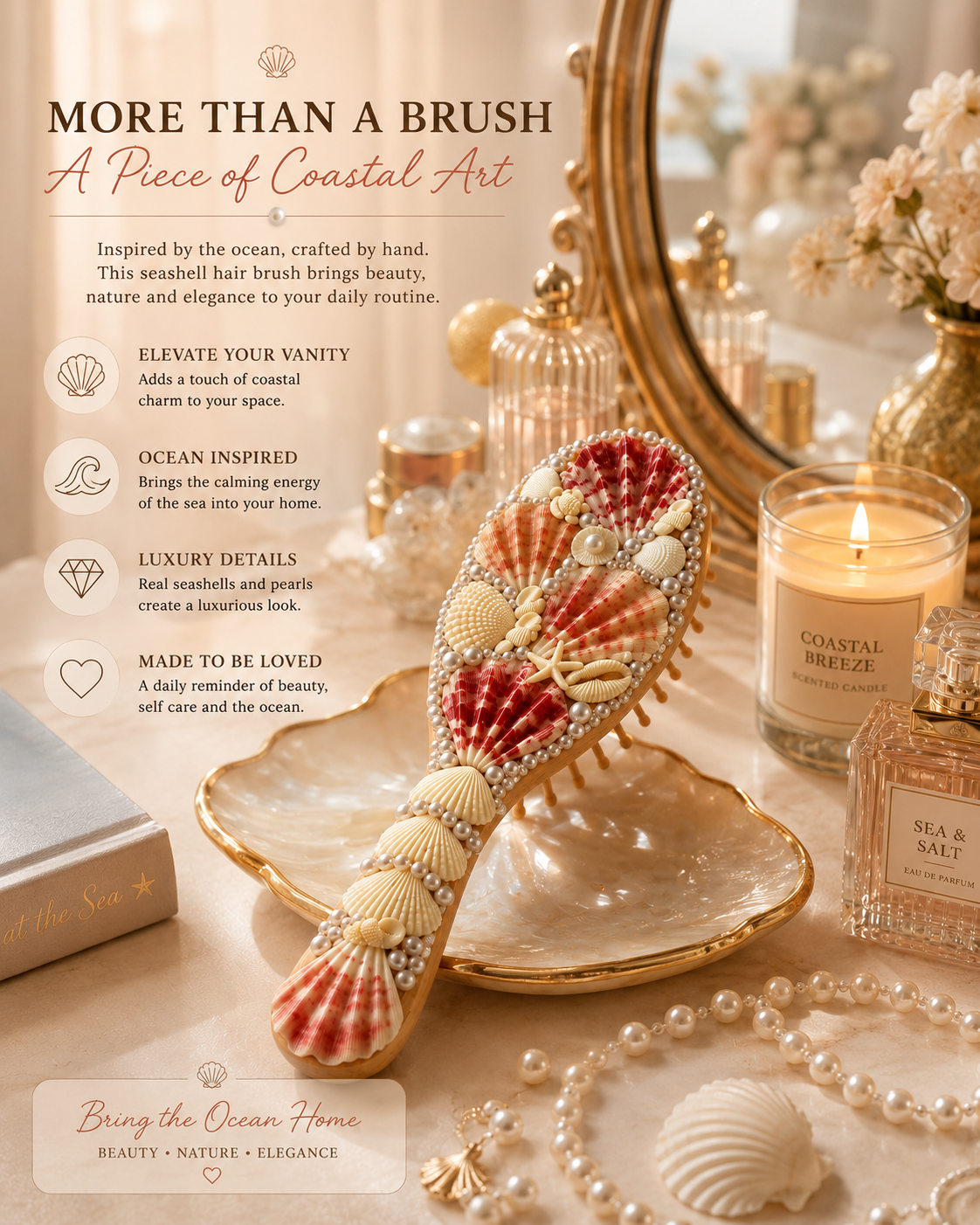 Handmade Seashell Hair Brush – Coastal Beach Gift for Her