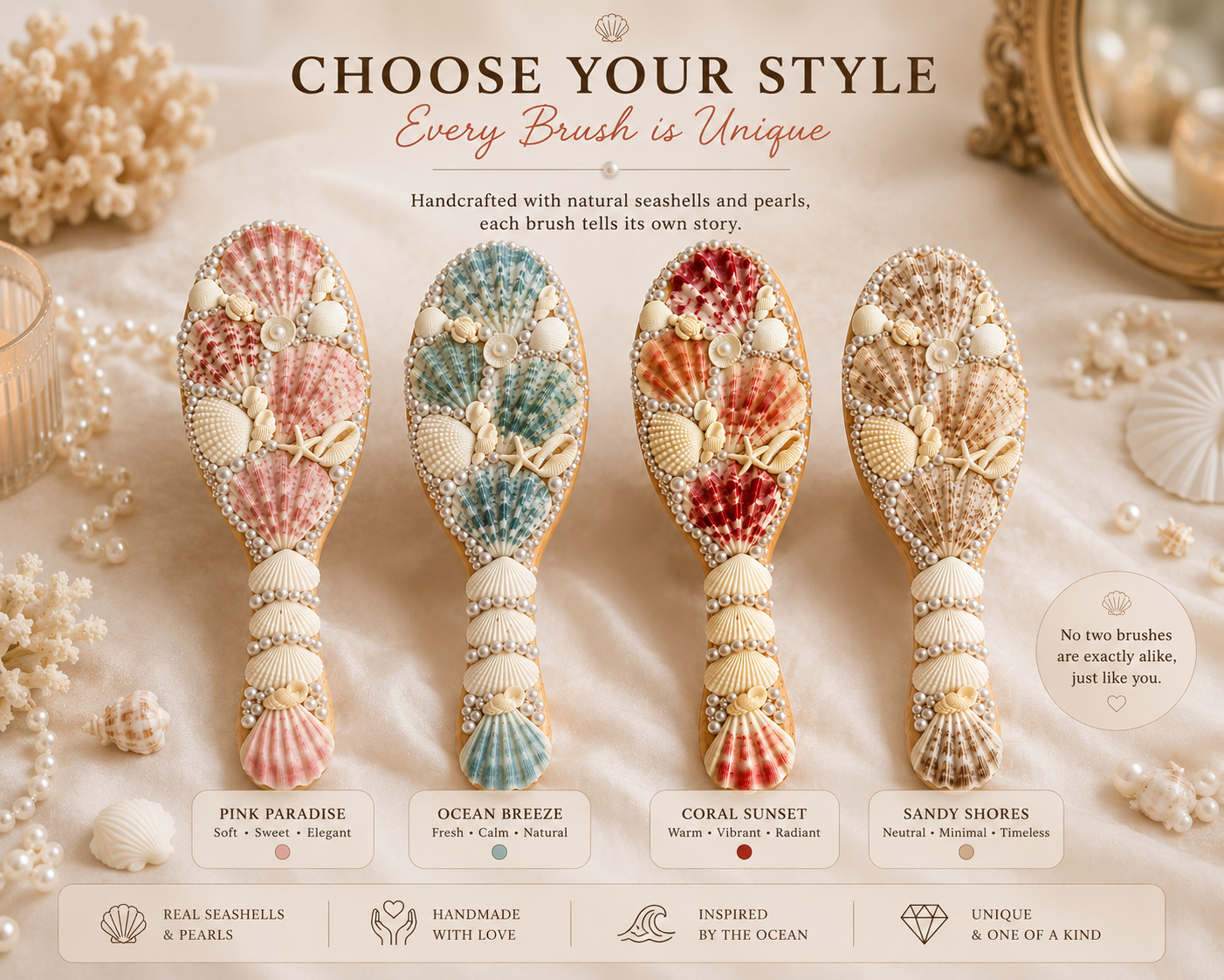 Handmade Seashell Hair Brush – Coastal Beach Gift for Her